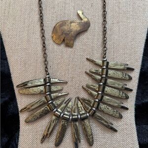 Vintage Brass Statement Necklace & Brass Elephant Brooch